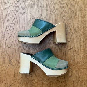 Swedish Hasbeens Patchwork Slip On Green Clogs Mules